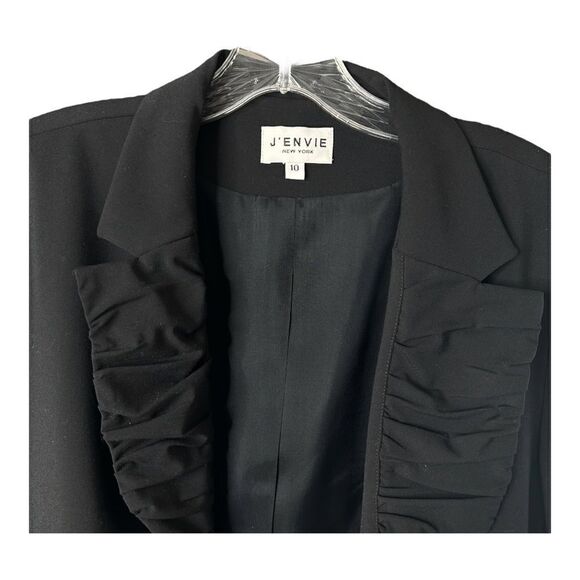 New J’ENVIE Cropped Black Blazer Ruffle Collar Button Silk Suit Jacket Womens 10 - Picture 4 of 5